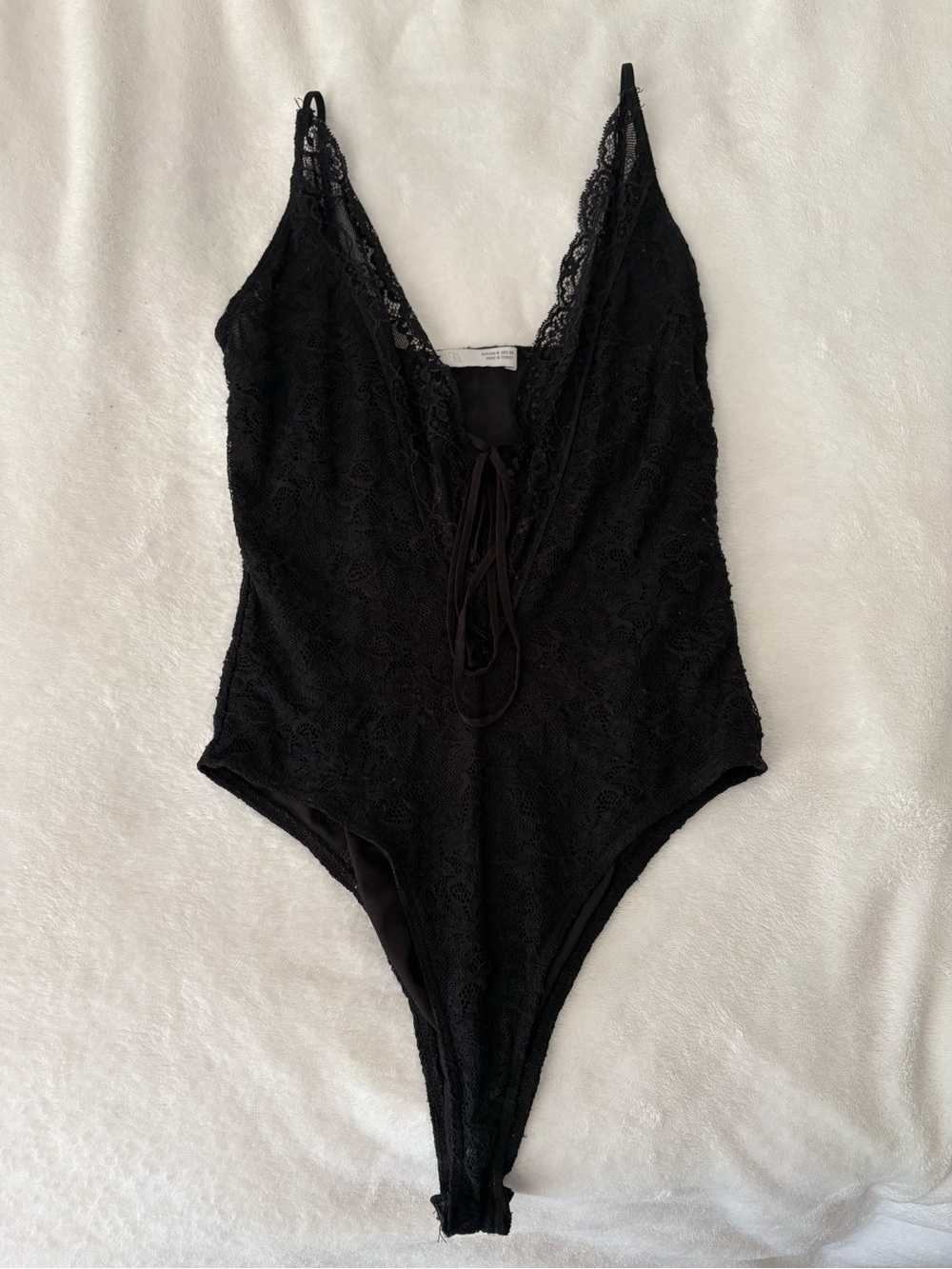 Zara Black Lace Deep V-Neck Teddy Bodysuit